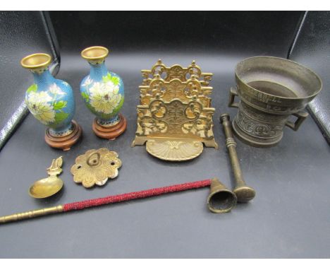 A bronze repro Startyn 1673 pestle &amp; mortar, brass letter rach, cloisonn&eacute; style vases etc