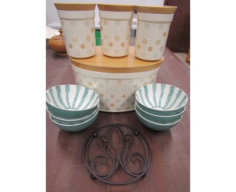 Bread bin with matching storage jars, John Lewis bowls x 6 and a trivet&nbsp;