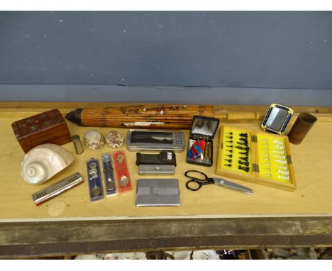 Collectors lot to include seashells, oriental parasol, pocket knives and harmonica etc&nbsp;