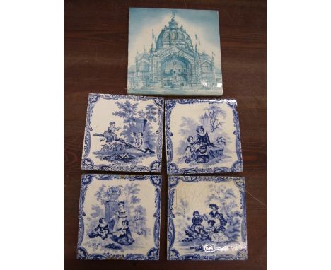 4 Minton ceramic wall tiles and a Montereau Creil tile&nbsp;