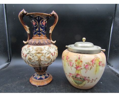 A Wilhelm Schiller monumental urn (small chip to base) and a Crown Devon biscuit barrel