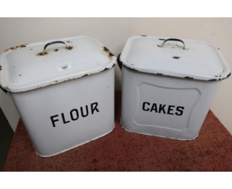 Two vintage enamel flour and cakes kitchen storage containers 