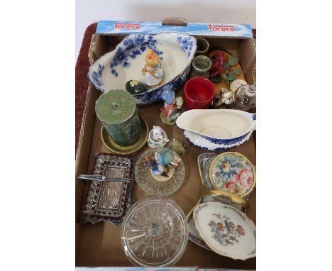 Hummel figure of a boy with umbrella, various decorative ceramics and glassware including Wedgwood pin dish 