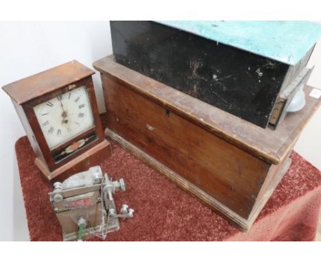 Pine carpenters toolbox, a late 19th C American beech cased time piece, a Pathescope Ace Projector, box containing paraffin l
