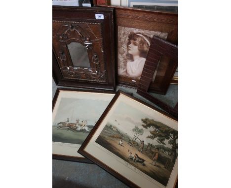 Pair of framed hunting prints, a plaster and oak war memorial frame, a framed Pears type print of a young lady and a crocodil