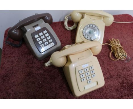 Vintage EPO746 rotary dial phone in ivory and two vintage push button GPO telephones 