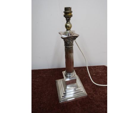 Large quality and heavy silver plated Corinthian column table lamp on stepped square base (45cm high) 