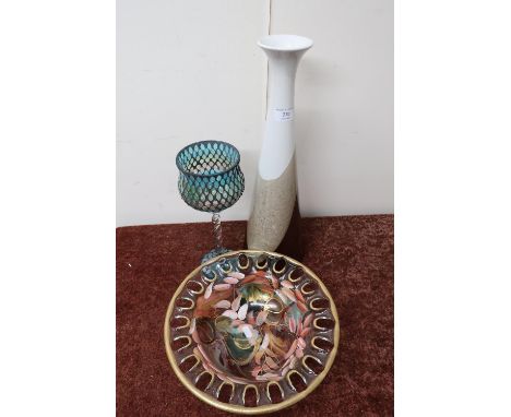 Art Pottery trumpet design vase, a blue tinted goblet, a pottery table lamp and a glass rose bowl decorated with roses