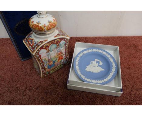Blue Wedgwood Jasperware trinket dish, specifically made for JCB and a Sadler bone china tea caddy (both boxed) 