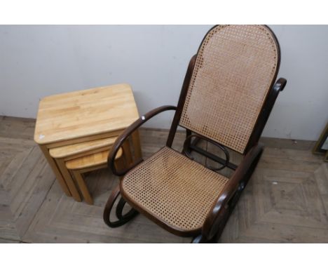 Beech Bentwood rocker with bergere seat and back, and a nest of three light beech occasional tables 