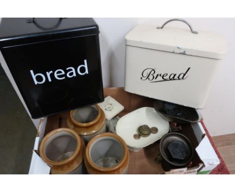 Three glazed stoneware kitchen storage jars, two sets of kitchen scales and other kitchenalia 