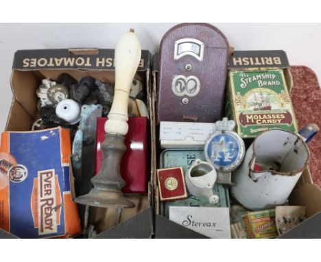 Vintage RAC badge, a leather bound Perpetual desk calendar, a selection of vintage tins, classic bakealite and ceramic electr