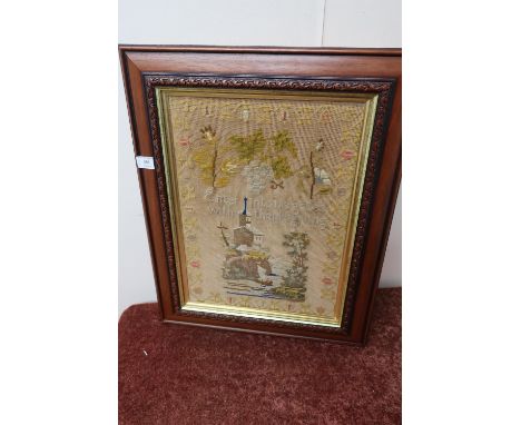 Framed and mounted woolwork sampler (45cm x 56cm) 