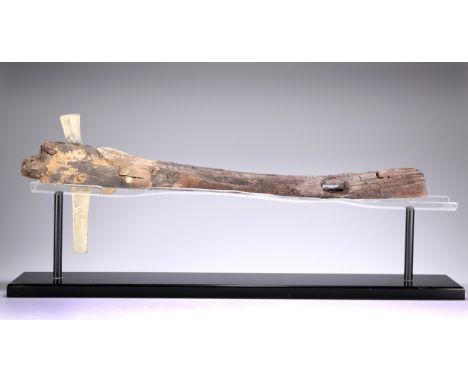 A RARE CROSSBOW 'NU', EASTERN HAN DYNASTY, the mechanism intact, with green patina and retained in its wooden arm, with trace