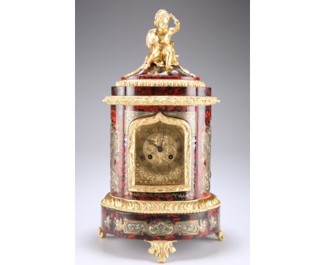 A 19TH CENTURY FRENCH BOULLE MANTEL CLOCK, IN LOUIS XV STYLE, Japy eight-day brass drum movement striking a bell, the engrave