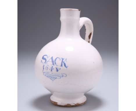 A RARE LONDON DELFT SACK BOTTLE, DATED 1648, of globular shape, the loop handle with heart-shaped lower terminal, inscribed i