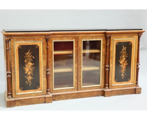 A FINE VICTORIAN BURR WALNUT, EBONISED, GILT METAL MOUNTED AND INLAID CREDENZA, BY JOHN TAYLOR AND SON EDINBURGH, the ebonise