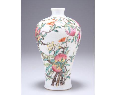 A CHINESE FAMILLE ROSE MEIPING VASE,&nbsp;enamel painted in the characteristic palette with boughs of pomegranates and peache