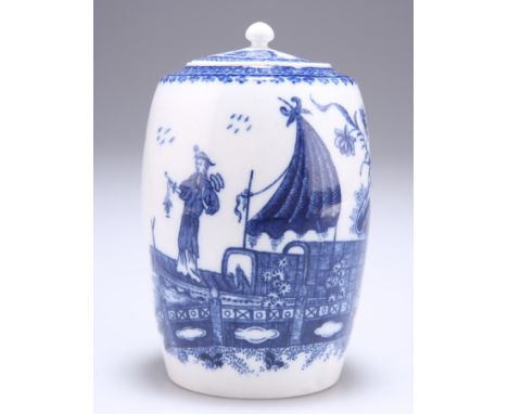 A CAUGHLEY TEA CADDY, CIRCA 1775, barrel shaped, blue printed with the Fisherman and Cormorant pattern, underglaze blue 'S' f