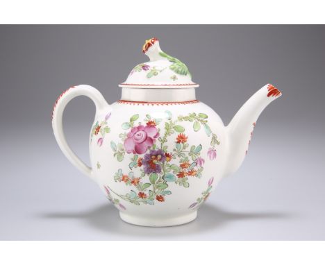 A LOWESTOFT TEAPOT, CIRCA 1780, painted with a Curtis style floral pattern. 13.5cm highThe absence of a Condition Report does