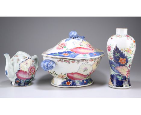 THREE PIECES OF CHINESE TOBACCO LEAF PATTERN PORCELAIN,&nbsp;comprising tureen and cover, baluster form vase and gourd shaped