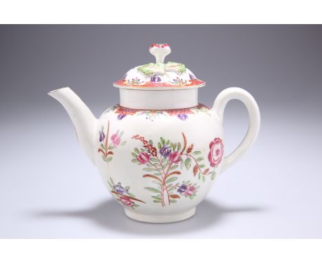 A LIVERPOOL TEAPOT, CIRCA 1770, polychrome painted with floral sprays, the cover with floriform knop. 14cm highThe absence of