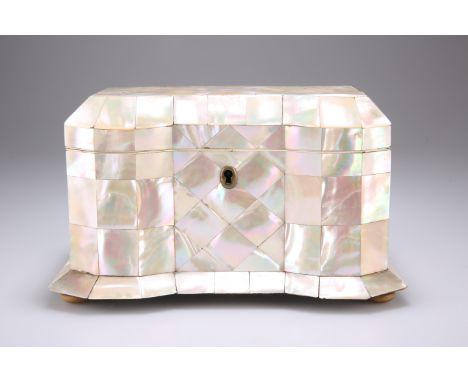 A 19TH CENTURY MOTHER OF PEARL TWO DIVISION TEA CADDY, rectangular form with serpentine front, veneered with diamond and squa