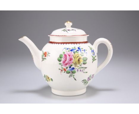 A LOWESTOFT TEAPOT, CIRCA 1780, painted with polychrome floral sprays. 13.5cm highThe absence of a Condition Report does not 