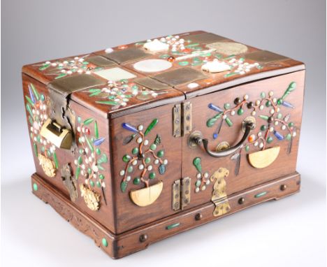 A 19TH CENTURY CHINESE HARDWOOD INLAID DRESSING TABLE CHEST, the top inlaid with jade carvings surrounded by ivory&nbsp;jardi