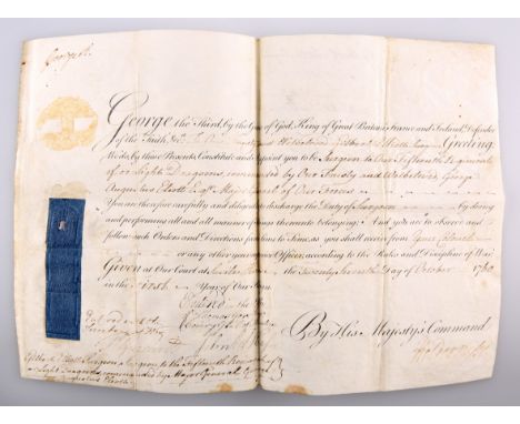 A GEORGIAN OFFICERS' COMMISSION ON PARCHMENT TO GILBERT ELLIOTT&nbsp;to be Surgeon to the 15th Light Dragoons.&nbsp; Signed b
