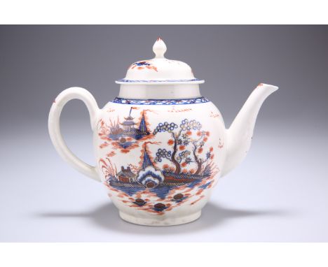 A JOHN PENNINGTON (LIVERPOOL) TEAPOT, CIRCA 1790, blue and red painted with a Chinese river landscape and highlighted with gi