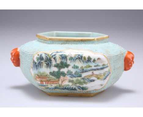 A CHINESE TURQUOISE GROUND PORCELAIN BRUSH WASHER, of canted rectangular form, painted to each side with a landscape vignette