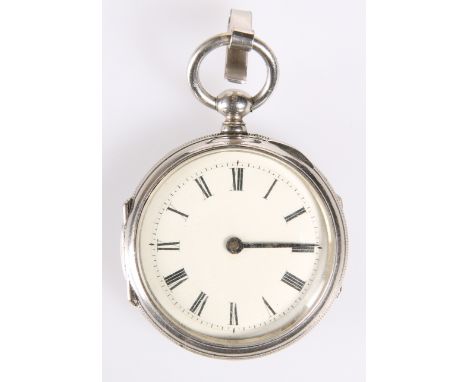 A SILVER-PLATED PEDOMETER, CIRCA 1890, the white enamel dial with Roman numerals, glazed back, movement with trademark. 43mm 