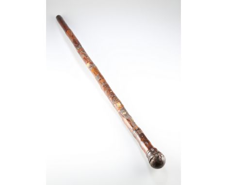 A 19TH CENTURY JAPANESE CARVED BAMBOO AND IVORY WALKING STICK, with root knot handle, the body carved depicting samurai on ho