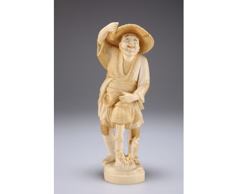 A JAPANESE IVORY OKIMONO, MEIJI PERIOD, carved in one-piece as a fisherman, signed to red lacquer reserve. 19cm high