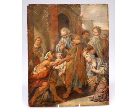 CONTINENTAL SCHOOL, SAINT PETER HEALING THE CRIPPLE, indistinctly signed, oil on panel, unframed. 40cm by 41.5cm