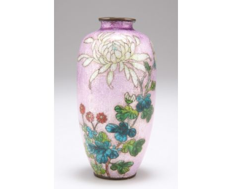 A JAPANESE MEIJI PERIOD GINBARI CLOISONNÉ VASE, ovoid form with a short waisted neck, decorated with chrysanthemum and blosso