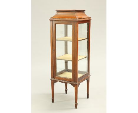 A SMALL EDWARDIAN INLAID MAHOGANY VITRINE, of square section with caddy top and tapering square section legs. 110cm high, 36c