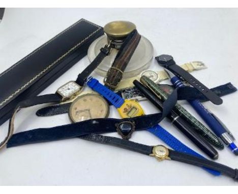 A collection of items to include , fountain pens, inkwell a military watch and similar&nbsp;