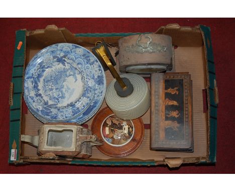 A box of miscellaneous items, to include a Victorian prattware pot lid, a 1950s wall light fitting, blue and white plates, so