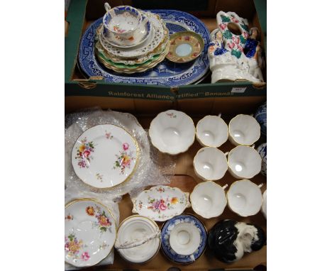 Two boxes of mixed china wares to include Willow pattern meat plates, Crown Derby part tea set, Chinese moon flask, Staffords