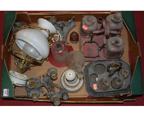 A box of miscellaneous items, to include Victorian hanging oil lamp, pewter six bottle cruet, Victorian cranberry glass bell 