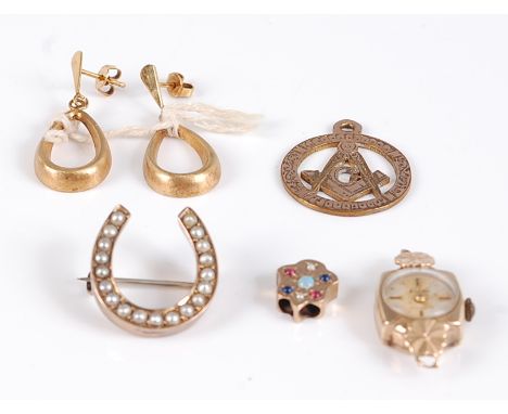A pair of hollow 9ct gold ear pendants; together with an Accurist 9ct gold cased cocktail watch (lacking bracelet); a Victori