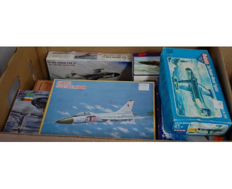 One box containing a quantity of plastic model kits to include Airfix Fairey Rotodyne, Novo Sea Venom Naval Fighter, Pioneer 