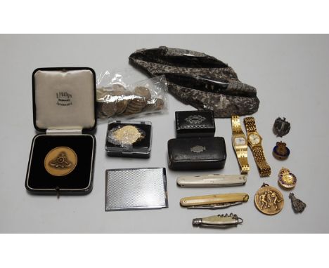 A box of miscellaneous items, to include 19th century lacquered pocket snuff box, George VI shillings, Elizabeth II sixpences