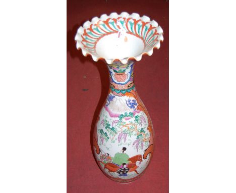 A large Japanese late Meiji period floor vase, having a wavy rim and of mid-baluster form, enamel decorated with figure scene