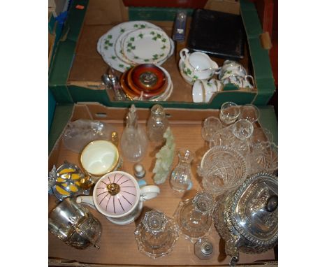 Two boxes of sundries, to include assorted glassware, plated teapot, AA car badge, cased and loose flatware etc