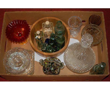 A box of miscellaneous glassware, to include marigold glass bonbon dish, various glass bottles, cut glass ships decanter and 