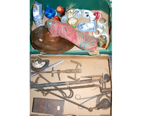Three boxes to include metal wares, stonewares, a small quantity of vintage tools, etc