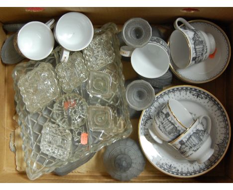 A box containing modern part china tea service, various glass dressing table wares etc